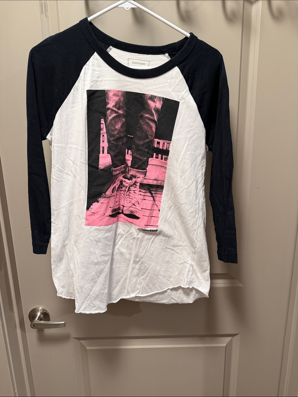 Converse White Raglan Tee with Navy Sleeves and Pink Photo Graphic